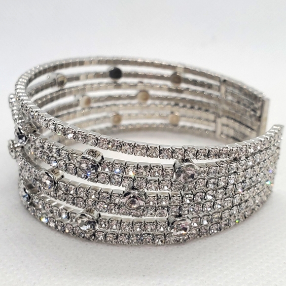Elegant Silver Bracelet /Cuff With Clear Rhinestones - Picture 3 of 7